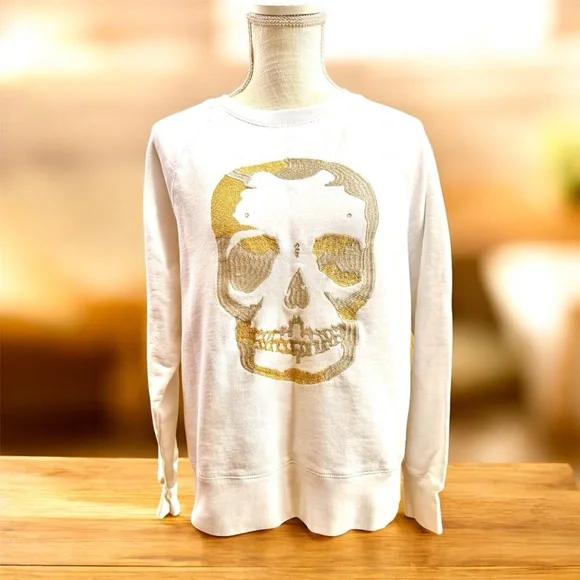 Zadig & Voltaire white long sleeve sweatshirt metallic thread embroidered sz MD - Picture 3 of 7